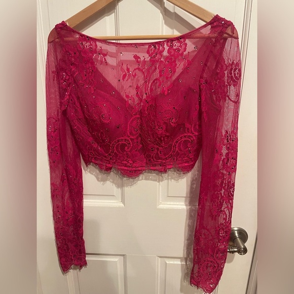 Sherri Hill Pink Lace Long Sleeve Top Size 2 - Picture 3 of 8